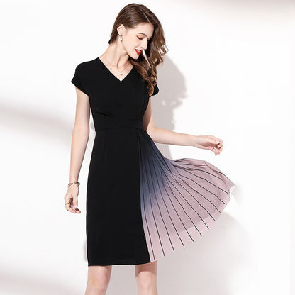 Women’s Elegant Pleated Black Dress – Slim Patchwork Style