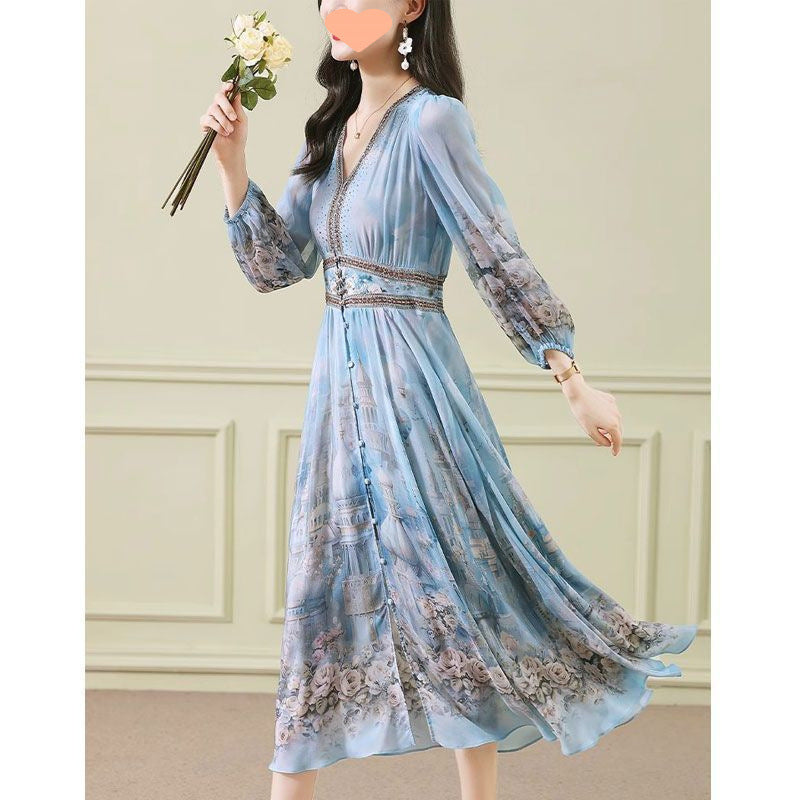 French Slimming Temperament Printed Floral Dress