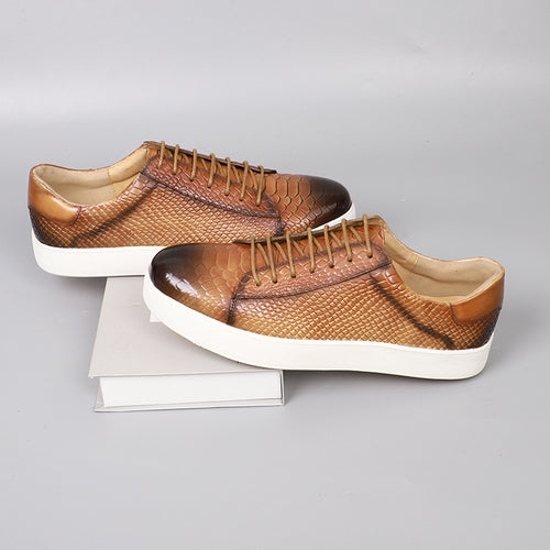 Men's Lace-up Embossed Flat Casual Genuine Leather Shoes