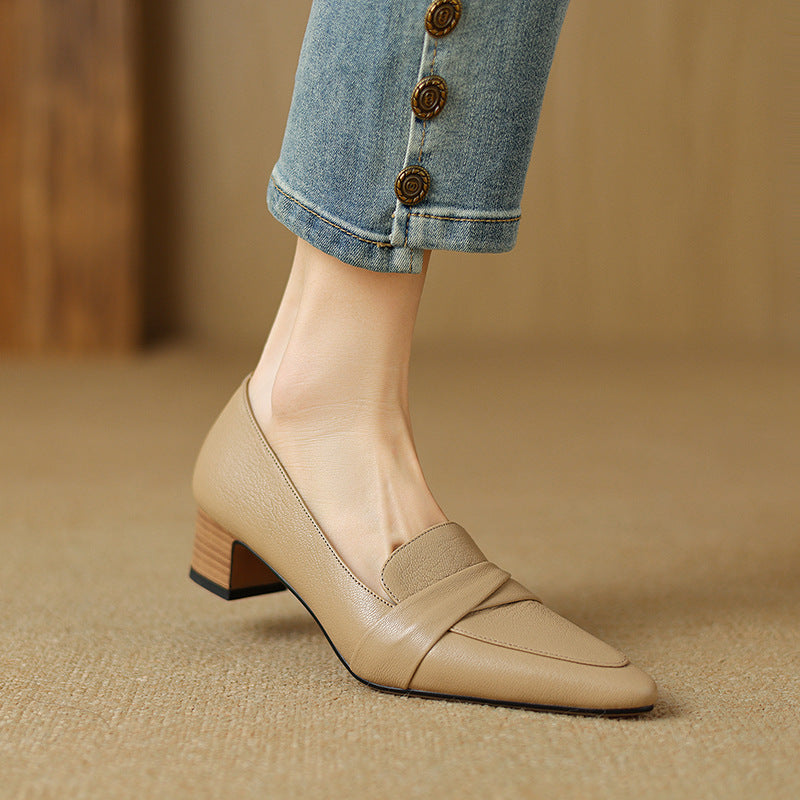 Genuine Sheepskin Leather Chunky Heel Pointed Toe Dress Shoes