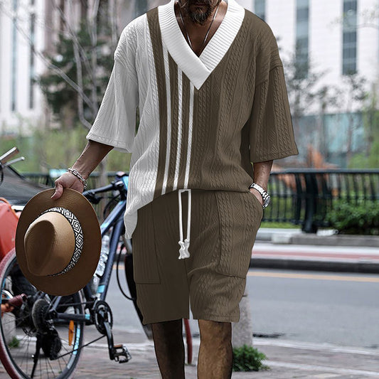 Printed Drop-shoulder Men's Knitted Short-sleeved Shorts Suit