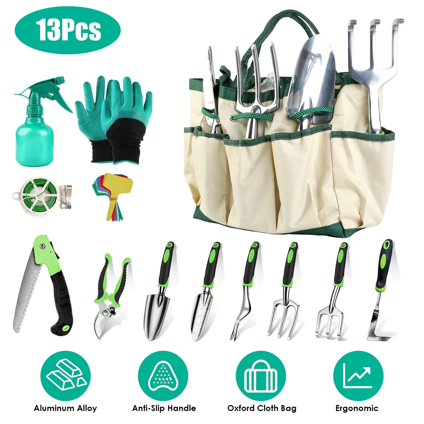 13-Piece Ergonomic Garden Tool Set with Carry Bag