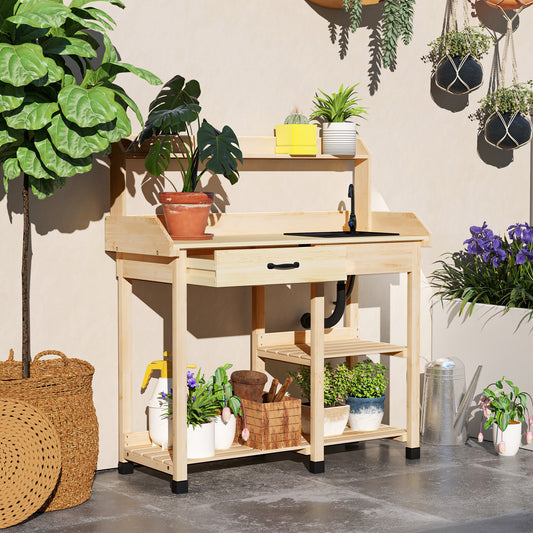 Garden Work Table with Sink, Faucet, and Drawers