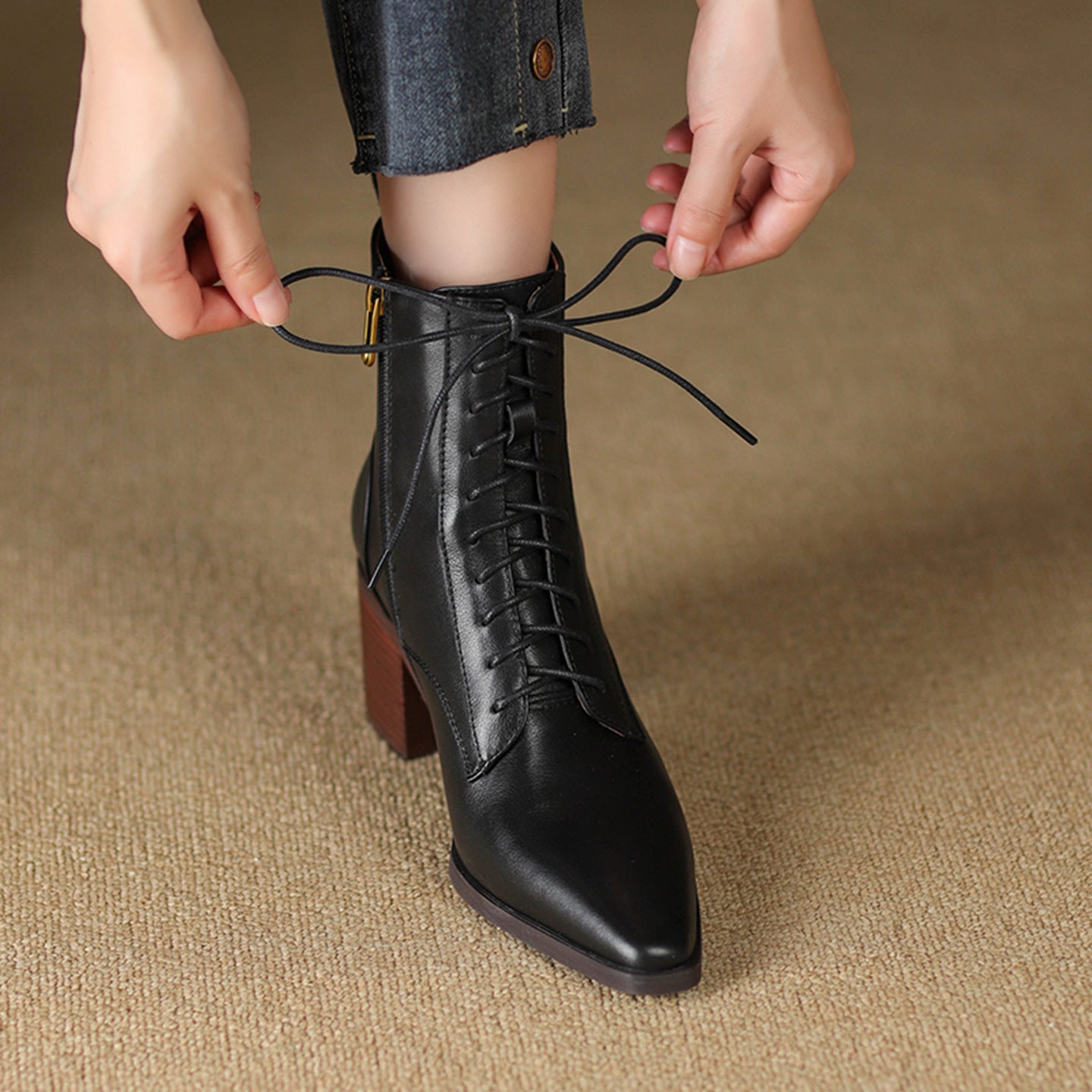 Women's Thick-Heel Martin Boots Lace-Up Ankle - Genuine Leather