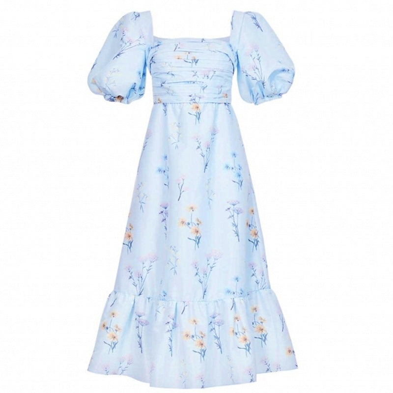 Women's Puff Sleeve Pleated High Waist Dress