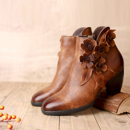 Handmade Mid-Heel Flower Boots for Women – Genuine Leather