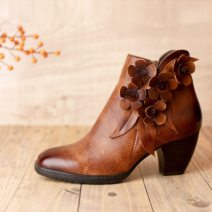 Handmade Mid-Heel Flower Boots for Women – Genuine Leather