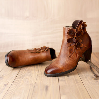 Handmade Mid-Heel Flower Boots for Women – Genuine Leather