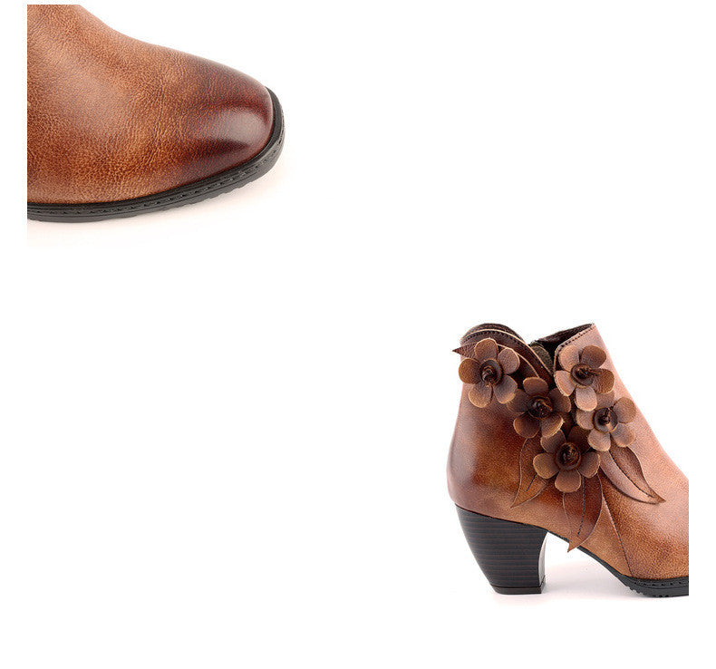 Handmade Mid-Heel Flower Boots for Women – Genuine Leather