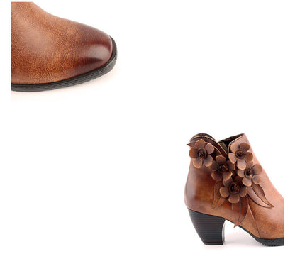 Handmade Mid-Heel Flower Boots for Women – Genuine Leather