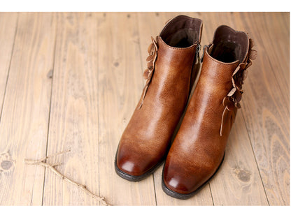 Handmade Mid-Heel Flower Boots for Women – Genuine Leather