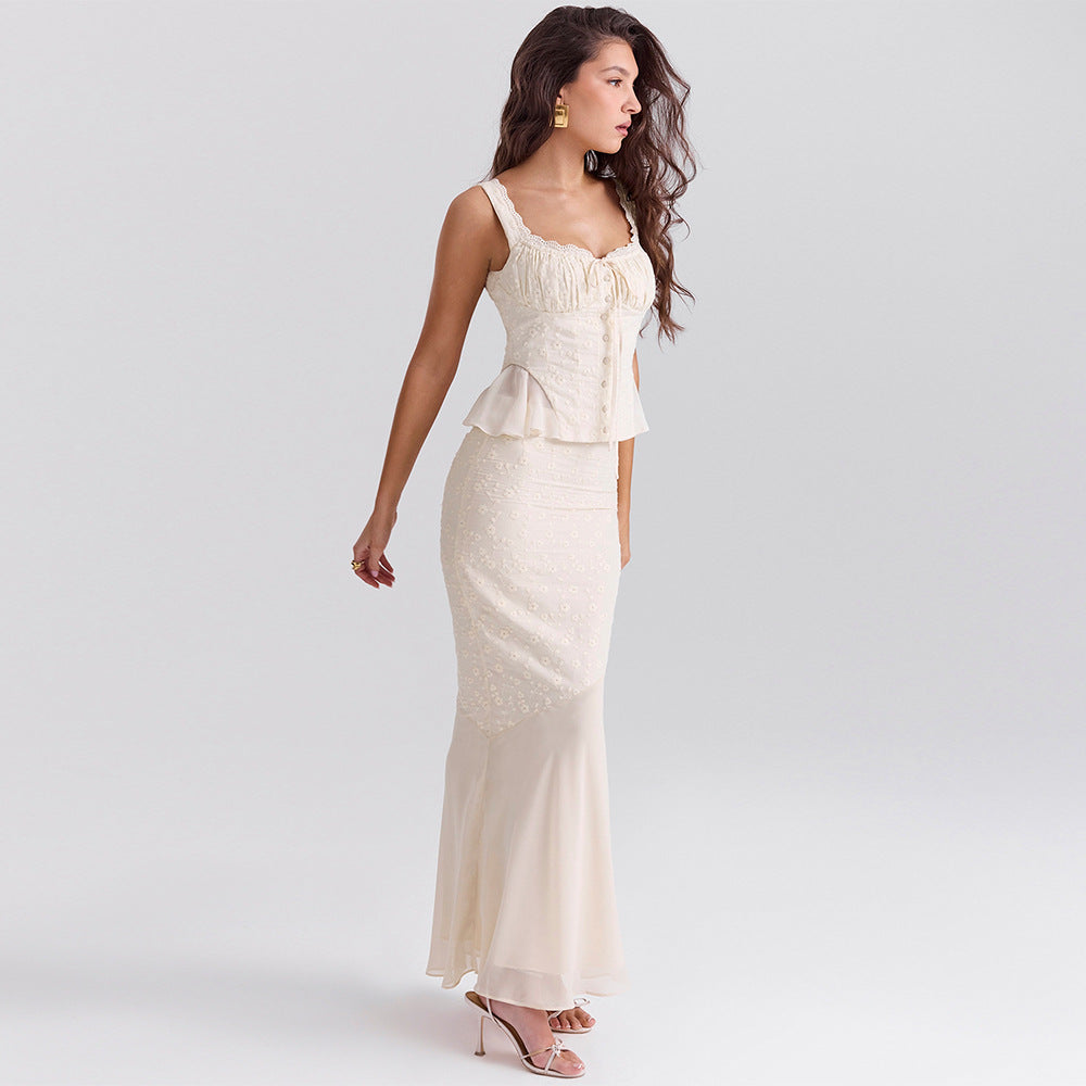 Elegant Lace Two-Piece Slim Fishtail Overskirt Suit