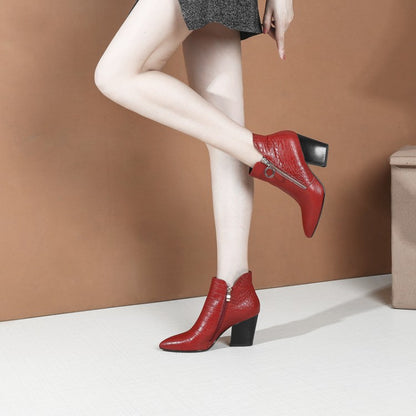 Genuine Leather Women's Thick Heel Short Boots