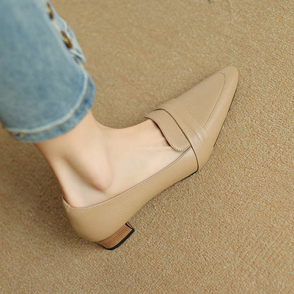 Genuine Sheepskin Leather Chunky Heel Pointed Toe Dress Shoes