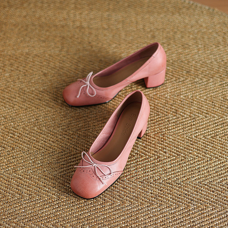 Women Gentle Bow Mid-Heel Genuine Leather Shoes