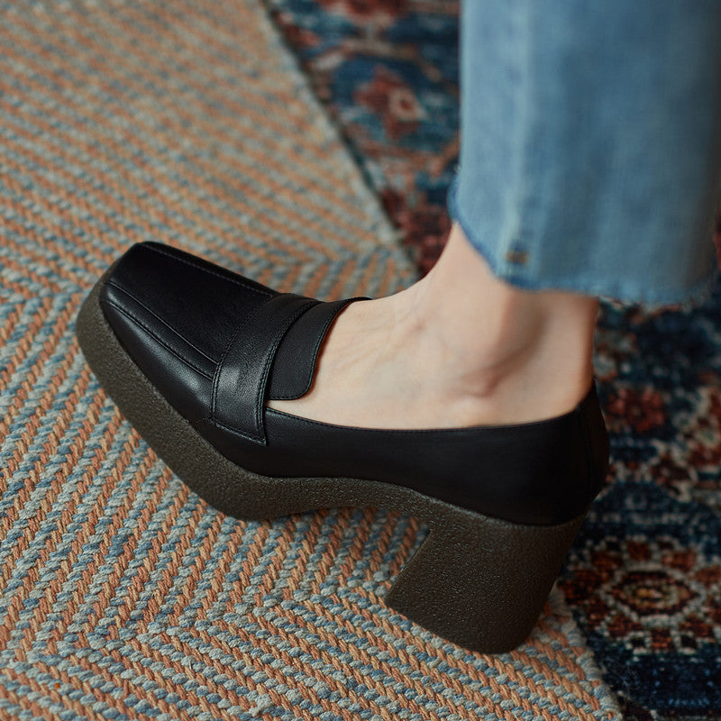 Women's Genuine Leather Retro Thick Sole Square Toe Shoes