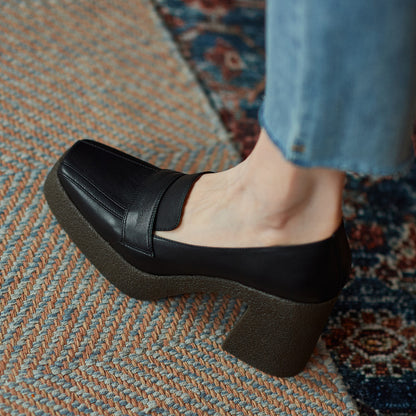 Women's Genuine Leather Retro Thick Sole Square Toe Shoes