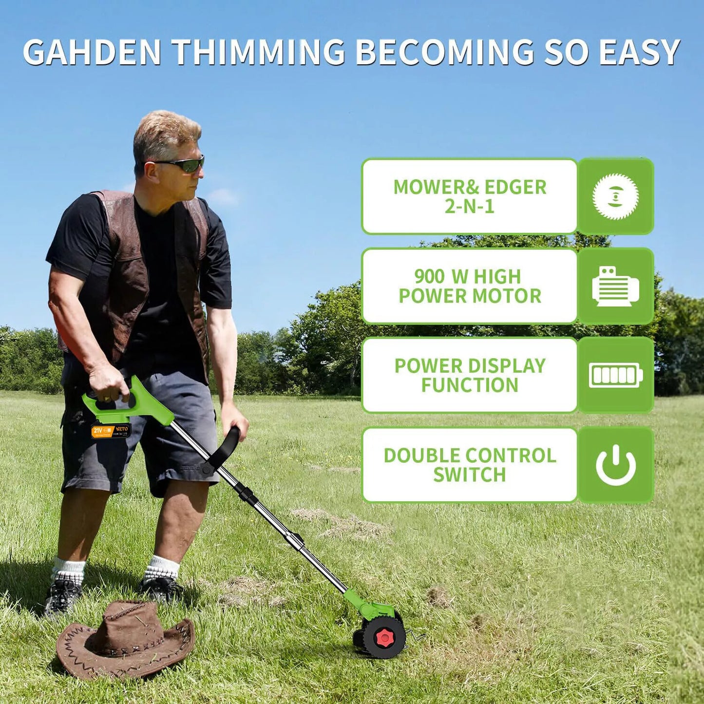 21V Cordless Grass Trimmer – Garden Edger with 2 Batteries