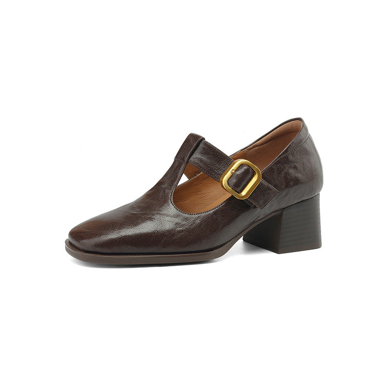 Mary Jane Leather Shoes Retro Square-toe Pumps