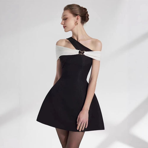 Summer Hepburn-Style Color-Block Off-Shoulder Sexy Dress