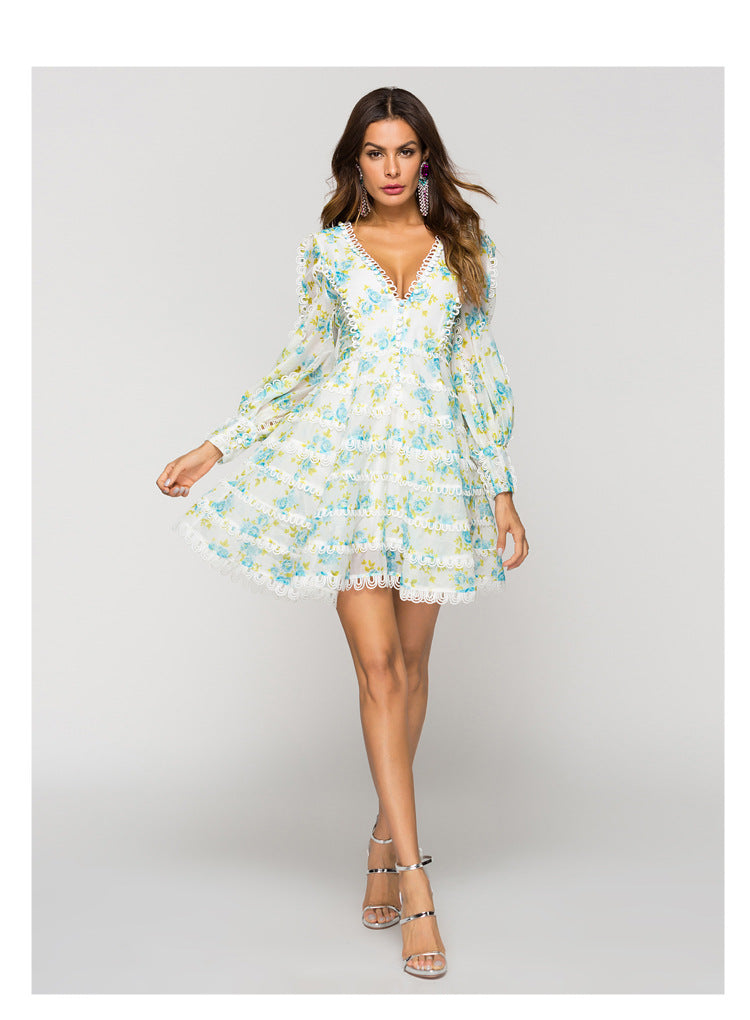 Elegant Women's Floral Court Dress V-Neck Print