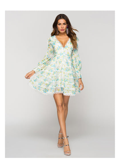 Elegant Women's Floral Court Dress V-Neck Print