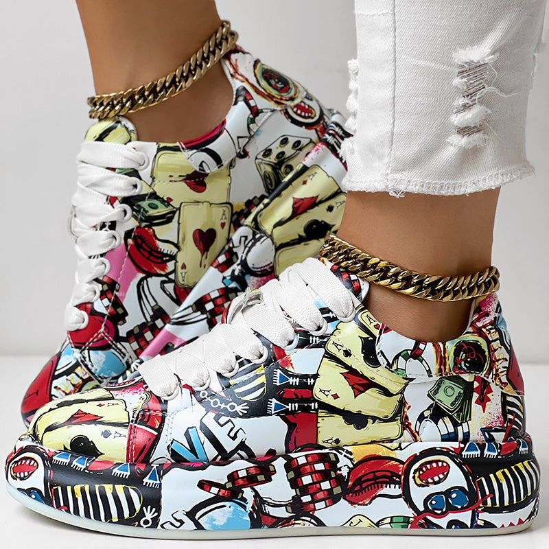 Women’s Random Print Lace-Up Sneakers Sporty Casual Style