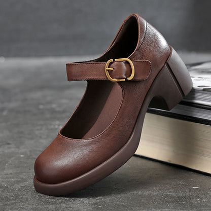 Vintage Mary Jane Women's Genuine Leather Shoes With Buckle