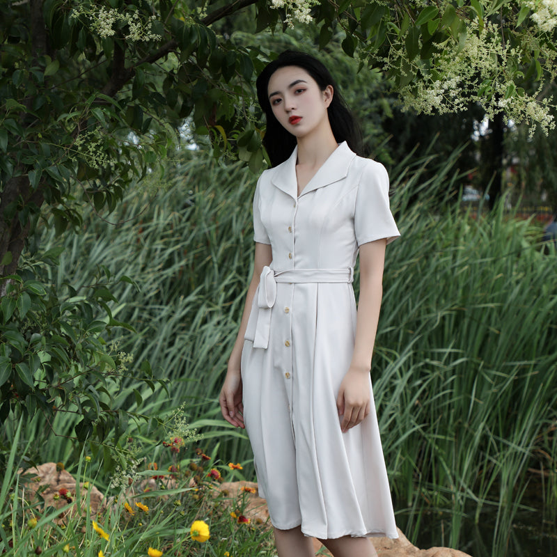 Elegant Suit Collar White Shirt Slim White Dress