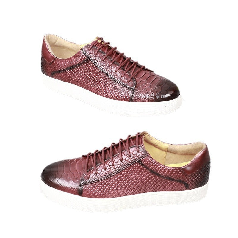 Men's Lace-up Embossed Flat Casual Genuine Leather Shoes