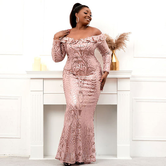 Plus Size Sequin Evening Dress Long Sleeves Glam