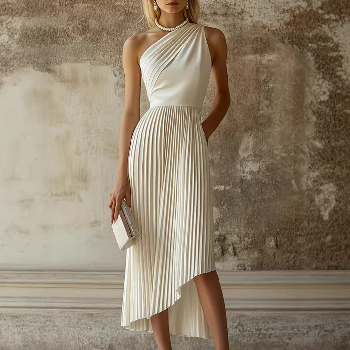 Womens White Pleated Sleeveless Dress