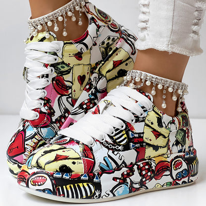 Women’s Random Print Lace-Up Sneakers Sporty Casual Style