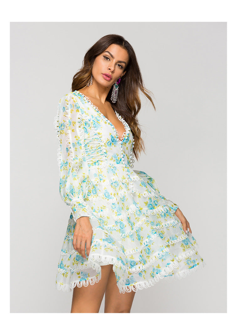 Elegant Women's Floral Court Dress V-Neck Print