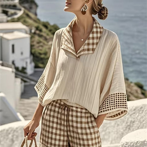 Women's Casual Loose Plaid Shorts Set