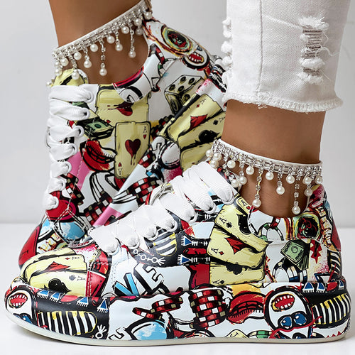 Women’s Random Print Lace-Up Sneakers Sporty Casual Style