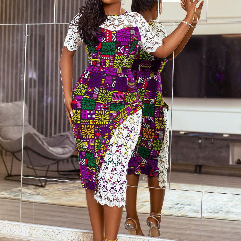 Elegant Women’s Lace Stitching Print Hip Dress