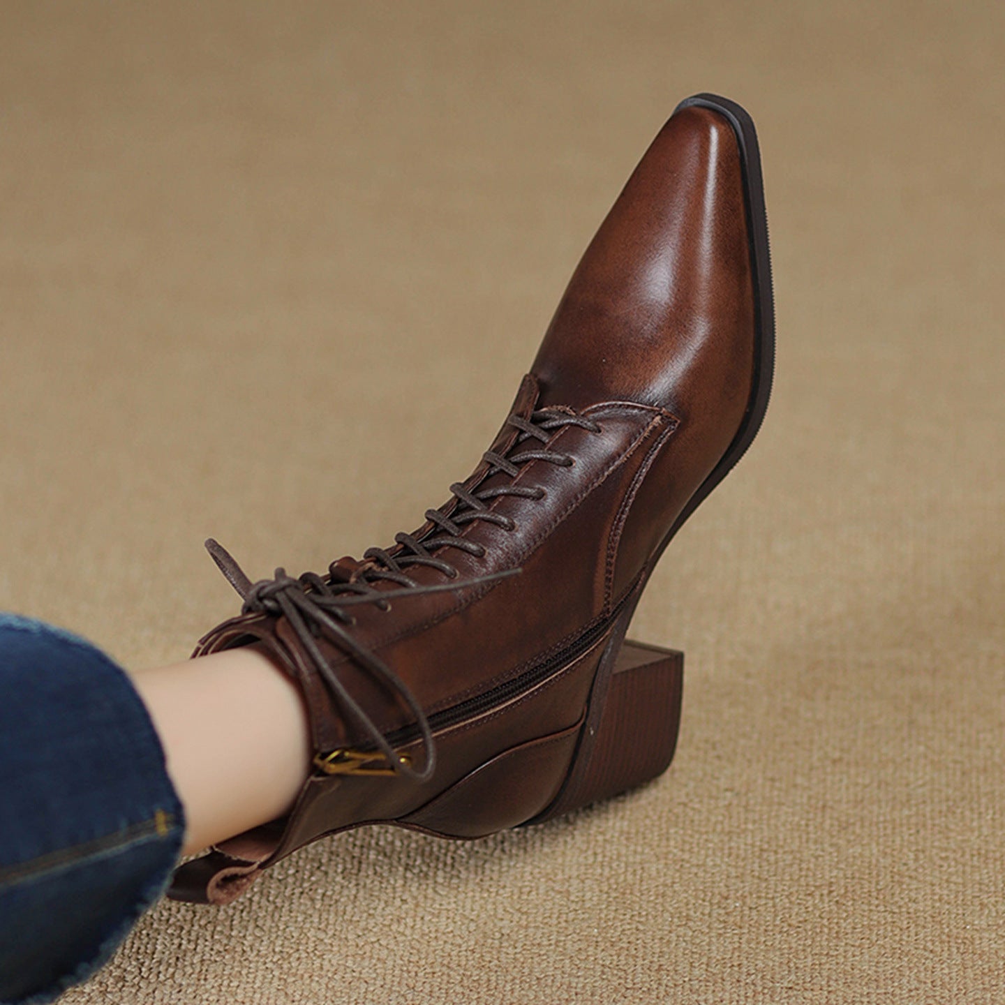 Women's Thick-Heel Martin Boots Lace-Up Ankle - Genuine Leather