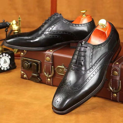 Classic British Brogue Engraved Men’s Shoes in Genuine Leather