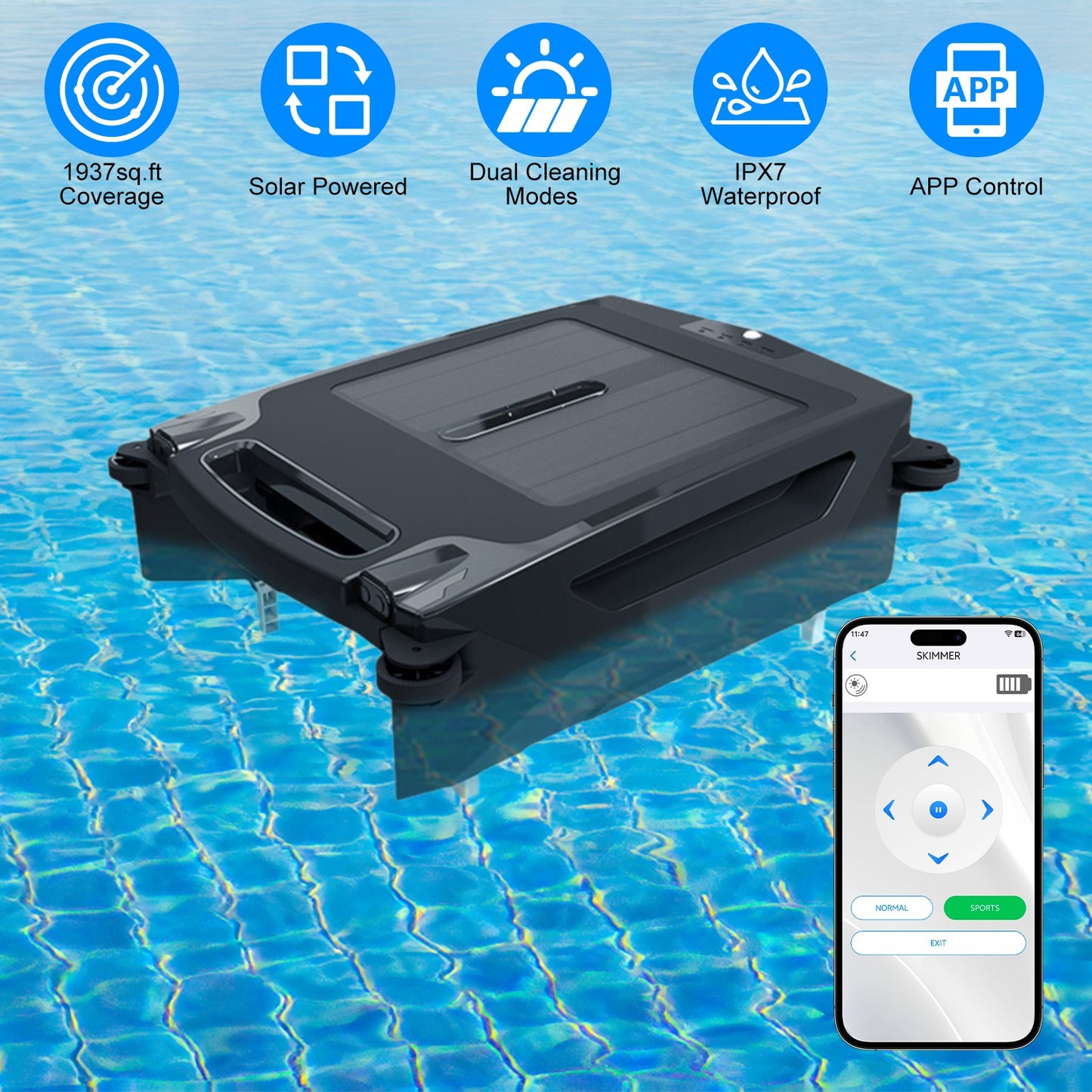 Solar Robotic Pool Cleaner – Automatic Skimmer, App Controlled