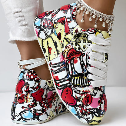 Women’s Random Print Lace-Up Sneakers Sporty Casual Style