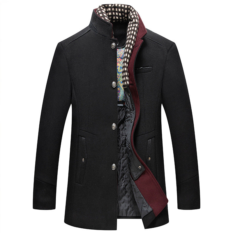 Versatile Men's Slim Fit Wool Blend Stand Collar Coat