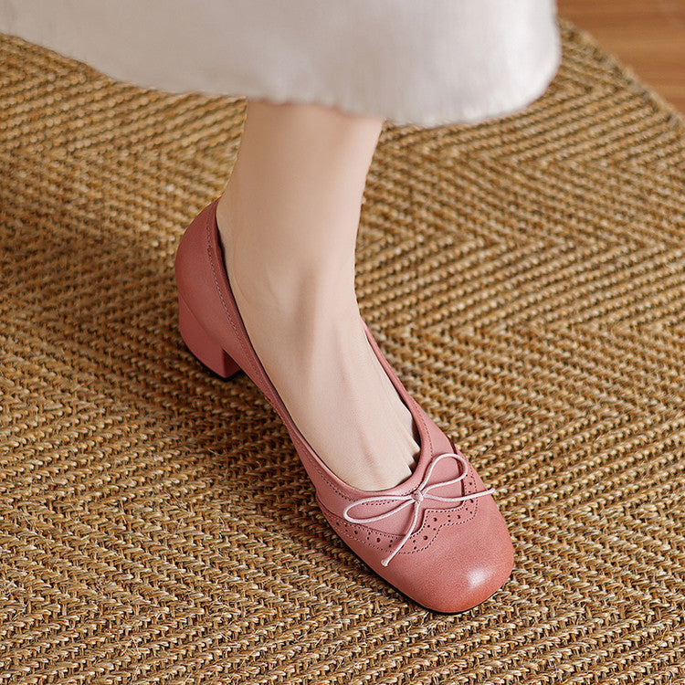 Women Gentle Bow Mid-Heel Genuine Leather Shoes