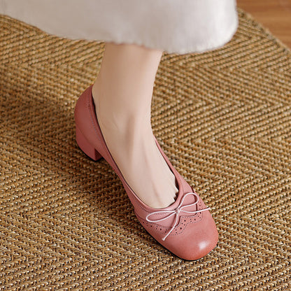 Women Gentle Bow Mid-Heel Genuine Leather Shoes
