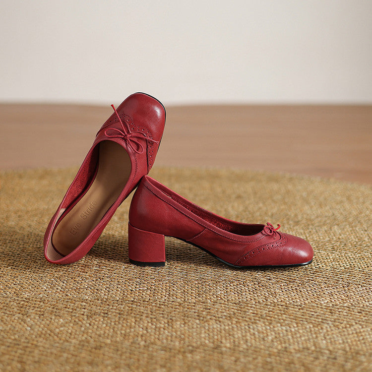 Women Gentle Bow Mid-Heel Genuine Leather Shoes