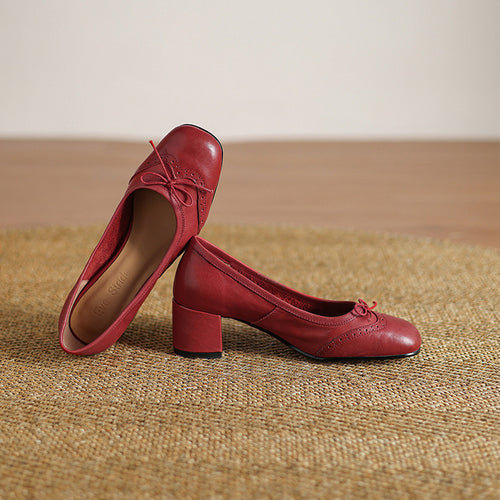 Women Gentle Bow Mid-Heel Genuine Leather Shoes