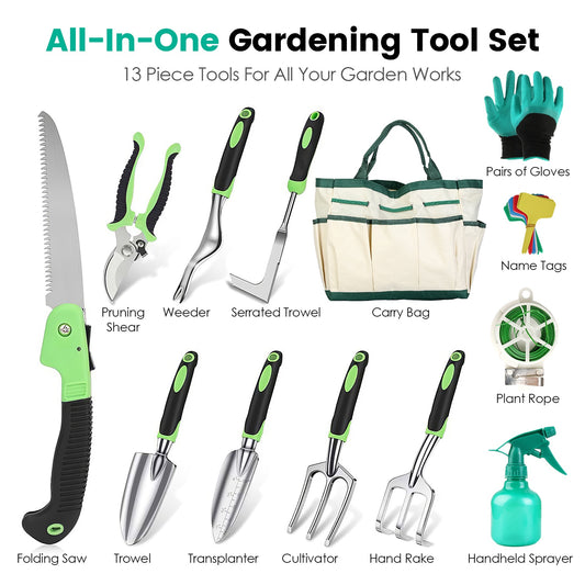 13-Piece Ergonomic Garden Tool Set with Carry Bag