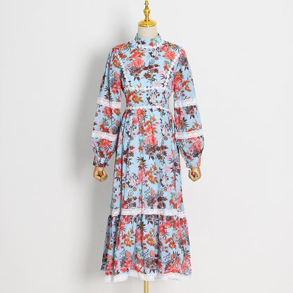 Tie-Dye Print Single-Breasted Balloon Sleeve Slim Fit Dress