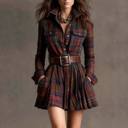 Elegant Women’s Elegant Plaid Short Dress with Belt