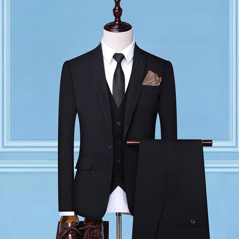Men's Groom Wedding Suit Solid-Color Three-Piece Suit